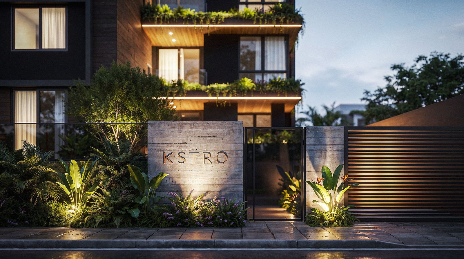 Entrada do KSTRO na Rua Castro, com muro em concreto, letreiro e paisagismo iluminado